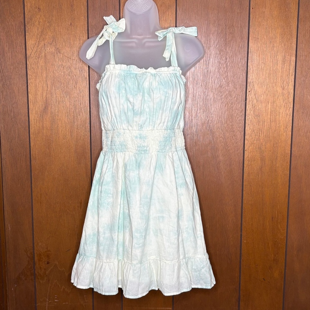 True Craft Dress M Aqua Tie dye Boho Shoulder Tie Ruffle Smocked Waist Cottage